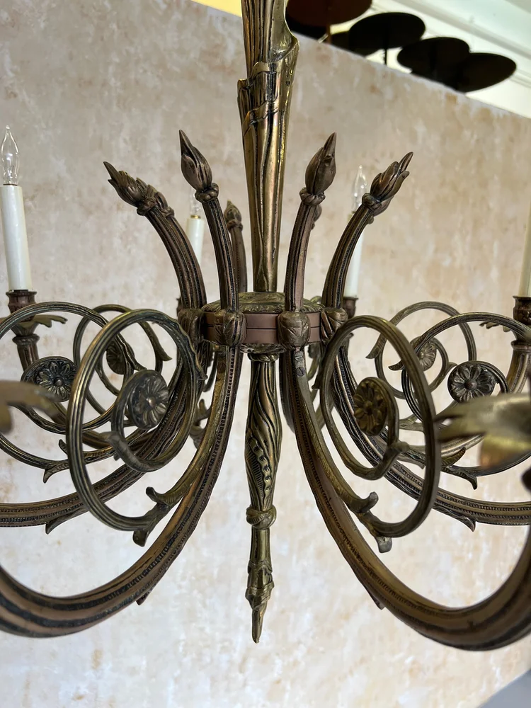 Art Deco Brass and Bronze French 1920's Eight Arm Chandelier